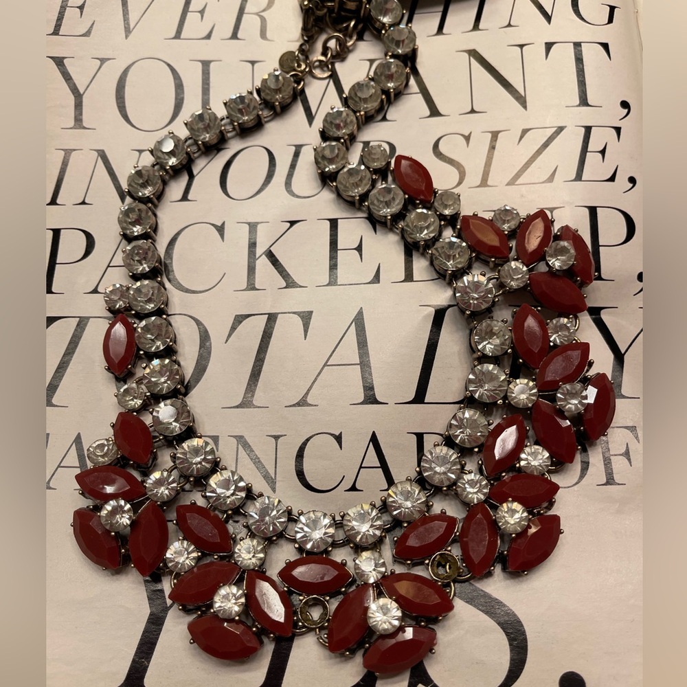NWT Vintage J. Crew Red and Crystal Bib Necklace